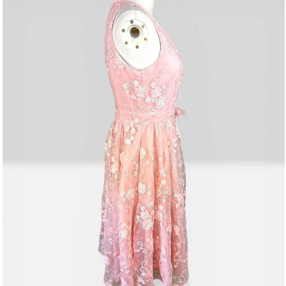 Fehaute SZ6 Pink Floral Lace Midi Dress Wrap V-Neck Sleeveless Pockets lined Bow